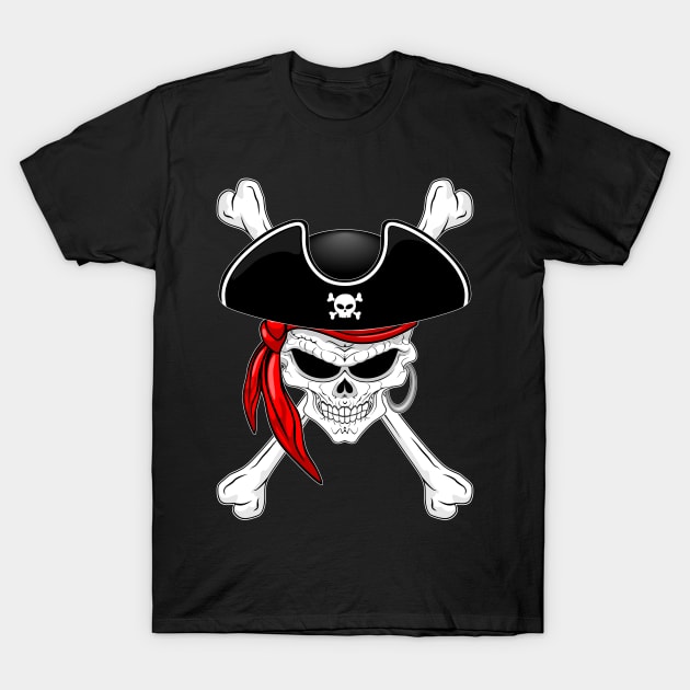 Pirate Skull with Crossed Bones and Red Bandana T-Shirt by BluedarkArt